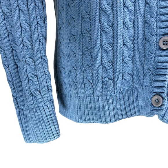 L.L. Bean Cable Knit Sweater Large Cotton Cornflower Blue  Crew Neck Cardigan - Picture 6 of 8
